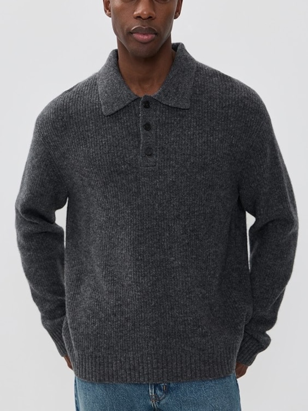 Men's Theory Astor Wool Charcoal Gray Knit Polo Sweater
